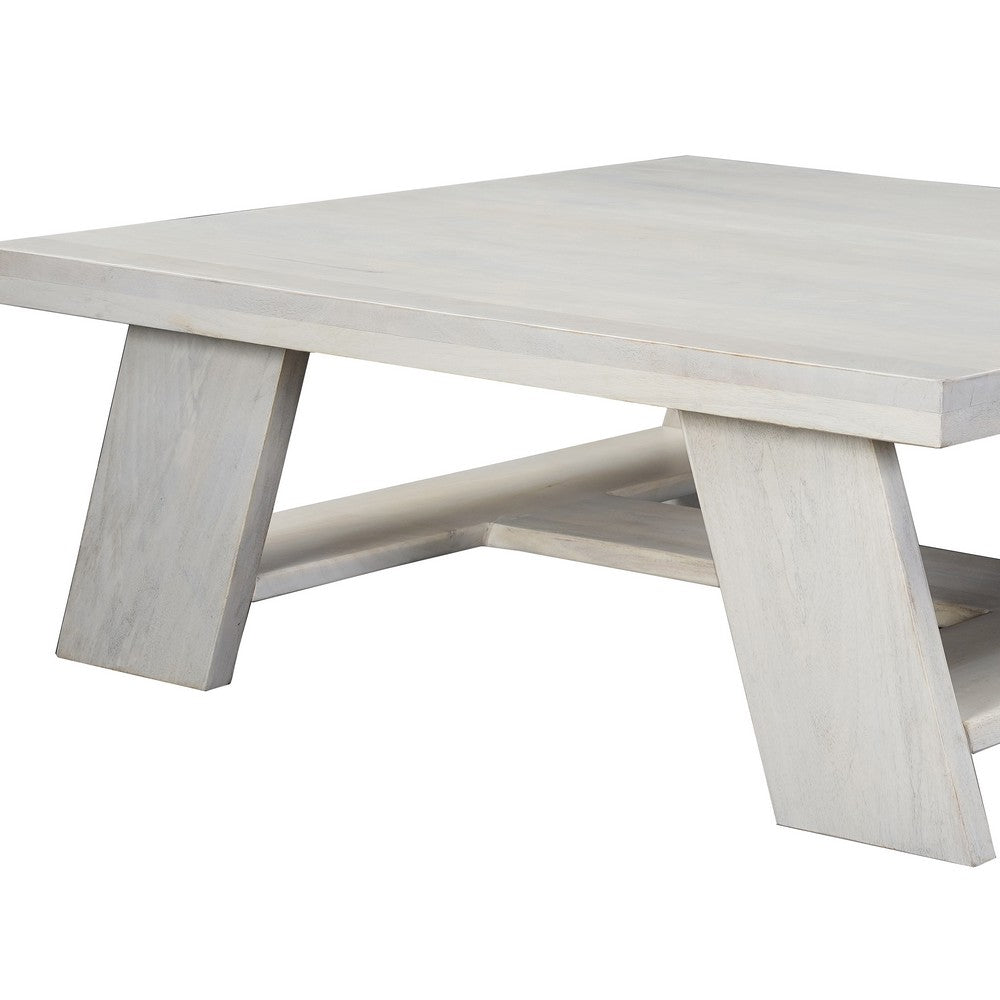 The Urban Port Aya 40" Square Coffee Table | Biscotti White Mango Wood | Bold Angled Legs