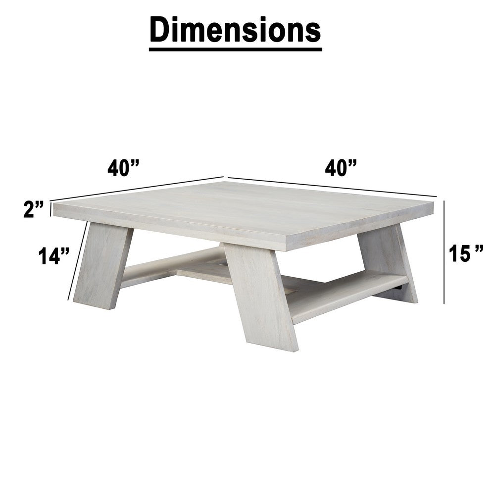 The Urban Port Aya 40" Square Coffee Table | Biscotti White Mango Wood | Bold Angled Legs