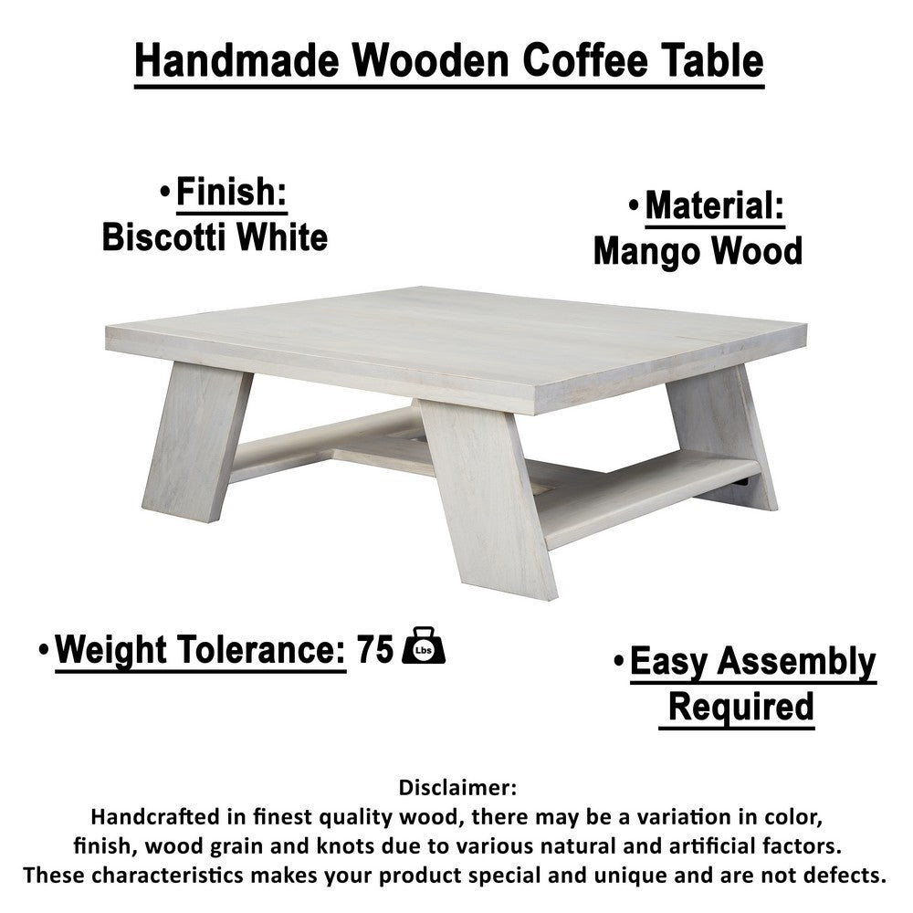 The Urban Port Aya 40" Square Coffee Table | Biscotti White Mango Wood | Bold Angled Legs