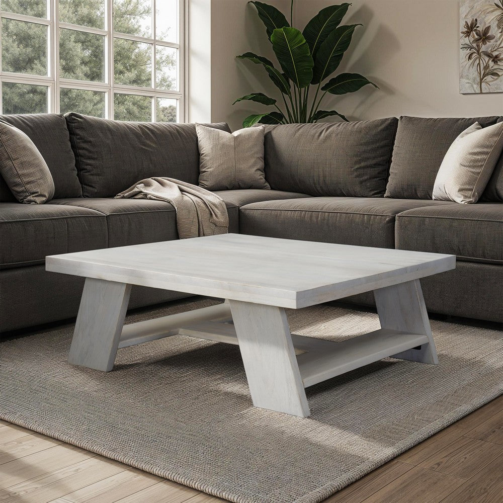 The Urban Port Aya 40" Square Coffee Table | Biscotti White Mango Wood | Bold Angled Legs