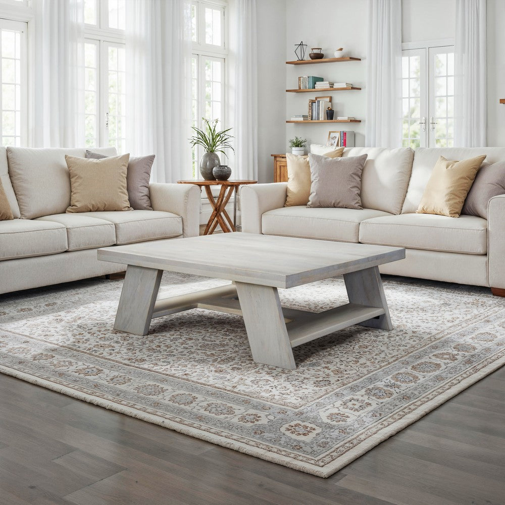 The Urban Port Aya 40" Square Coffee Table | Biscotti White Mango Wood | Bold Angled Legs