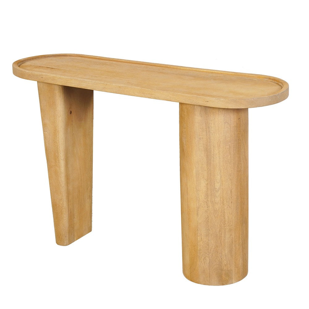 The Urban Port Sofa Console Table, 47 Inch Raised Edge Oval Shape Tray Top, Sandblasted Natural Brown Mango Wood
