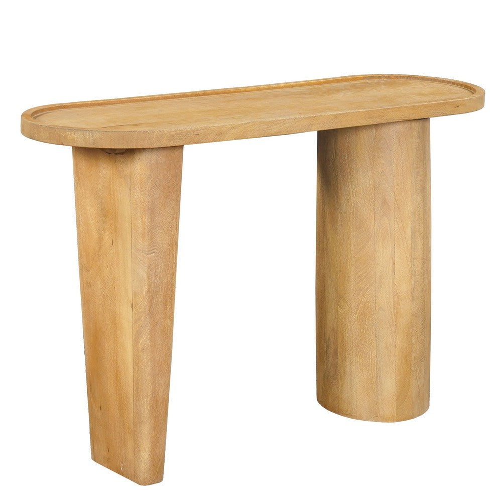 The Urban Port Sofa Console Table, 47 Inch Raised Edge Oval Shape Tray Top, Sandblasted Natural Brown Mango Wood