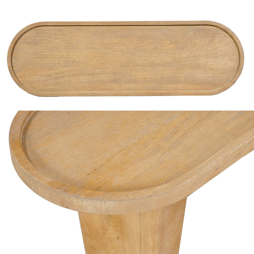 The Urban Port Sofa Console Table, 47 Inch Raised Edge Oval Shape Tray Top, Sandblasted Natural Brown Mango Wood