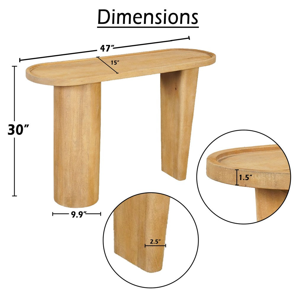 The Urban Port Sofa Console Table, 47 Inch Raised Edge Oval Shape Tray Top, Sandblasted Natural Brown Mango Wood