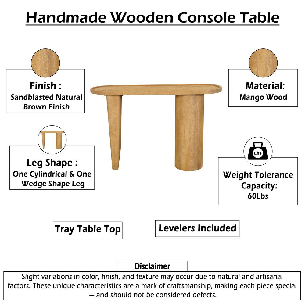 The Urban Port Sofa Console Table, 47 Inch Raised Edge Oval Shape Tray Top, Sandblasted Natural Brown Mango Wood