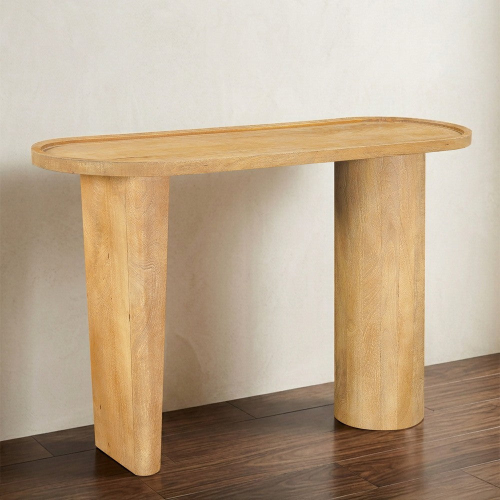 The Urban Port Sofa Console Table, 47 Inch Raised Edge Oval Shape Tray Top, Sandblasted Natural Brown Mango Wood