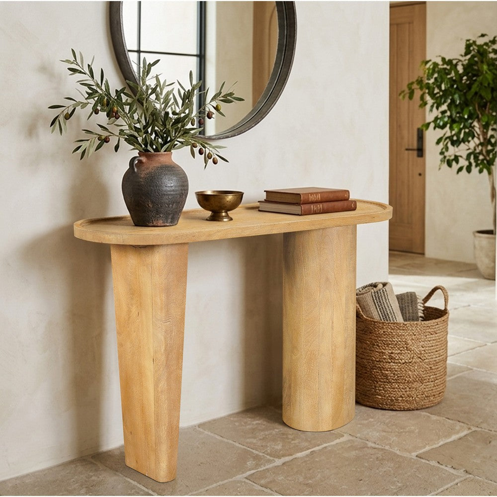 The Urban Port Sofa Console Table, 47 Inch Raised Edge Oval Shape Tray Top, Sandblasted Natural Brown Mango Wood