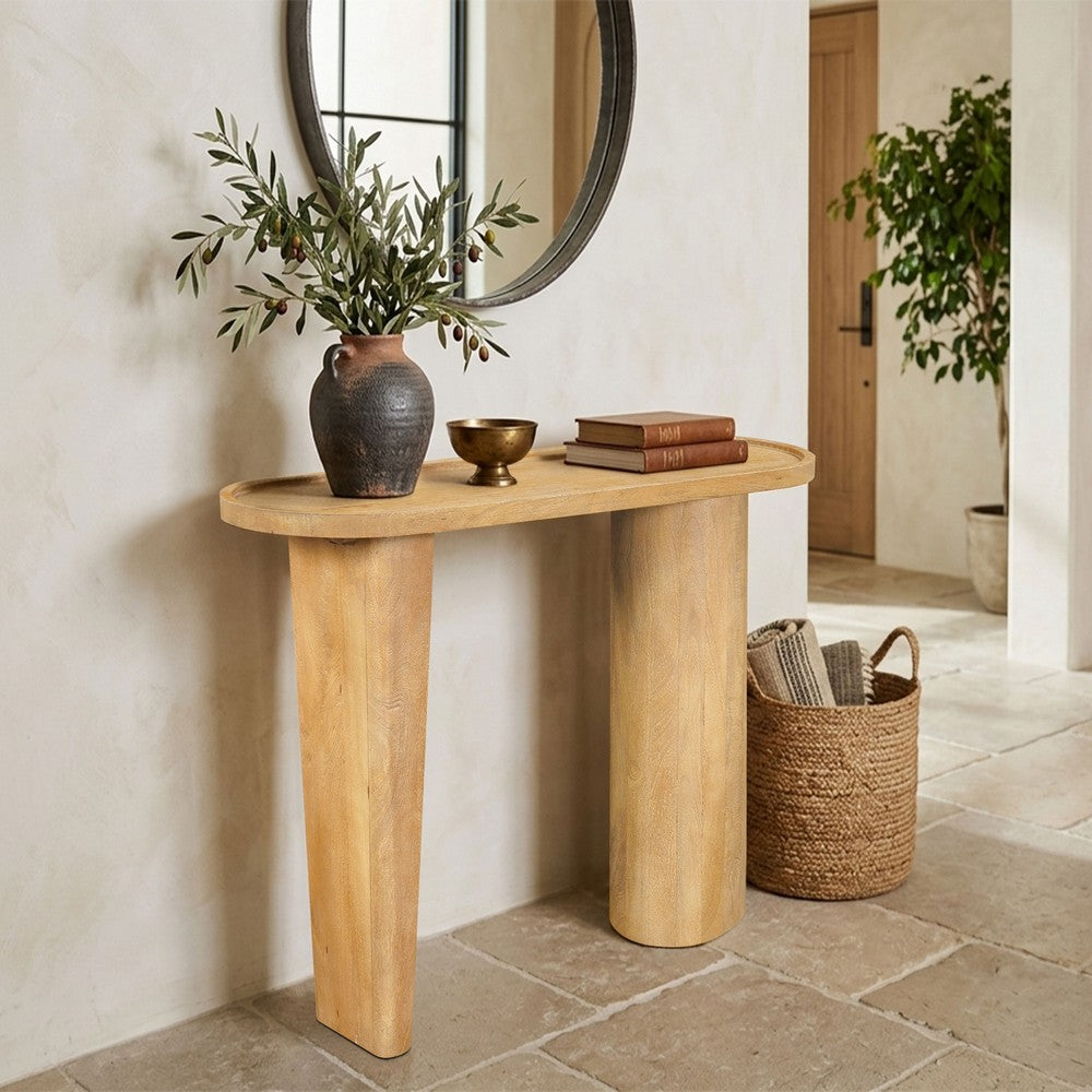 The Urban Port Sofa Console Table, 47 Inch Raised Edge Oval Shape Tray Top, Sandblasted Natural Brown Mango Wood