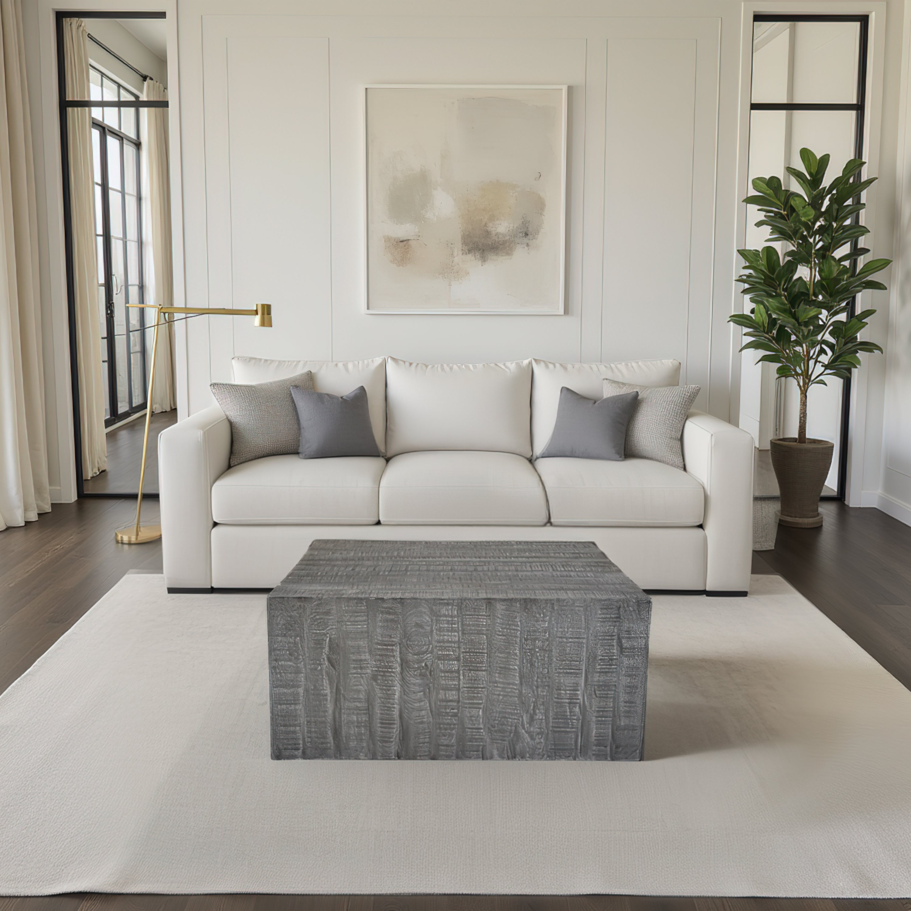 The Urban Port Rydan Coffee Table | 33 Inch Square Block Top | Sandblasted Gray Mango Wood