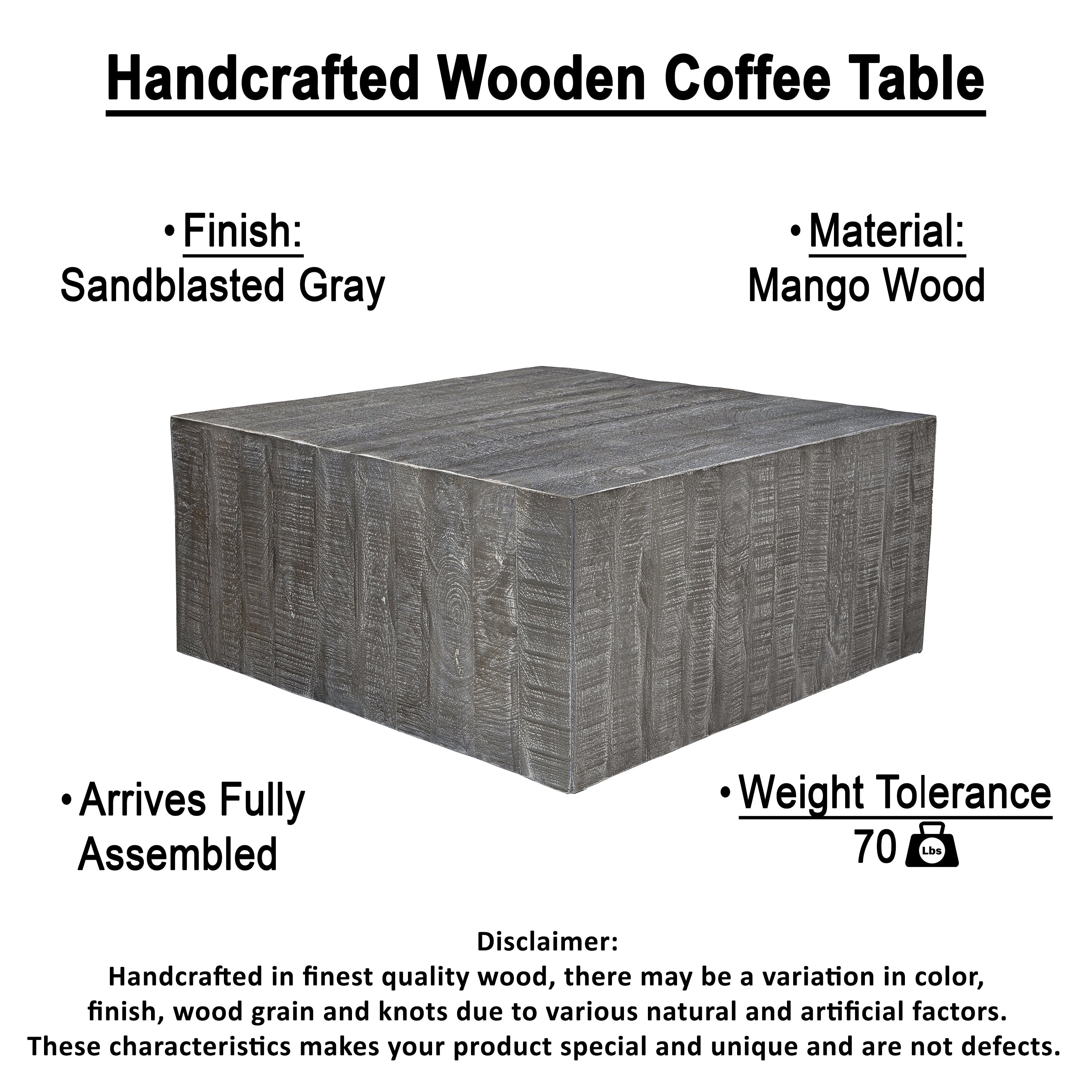 The Urban Port Rydan Coffee Table | 33 Inch Square Block Top | Sandblasted Gray Mango Wood