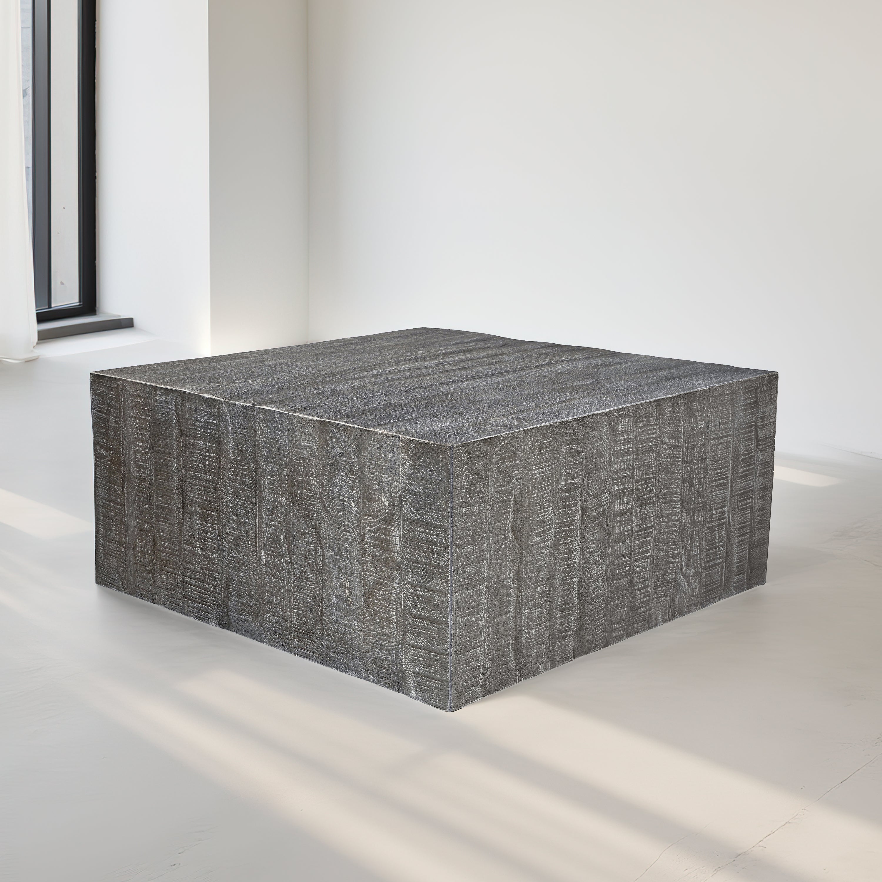The Urban Port Rydan Coffee Table | 33 Inch Square Block Top | Sandblasted Gray Mango Wood