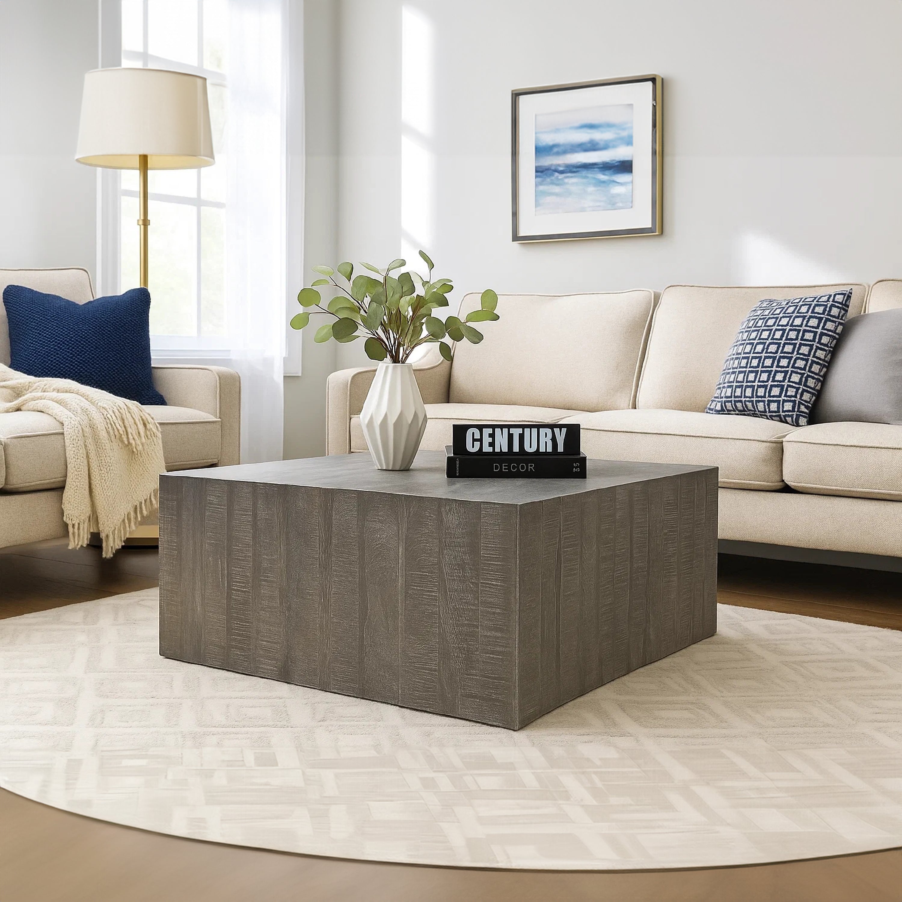 The Urban Port Rydan Coffee Table | 33 Inch Square Block Top | Sandblasted Gray Mango Wood