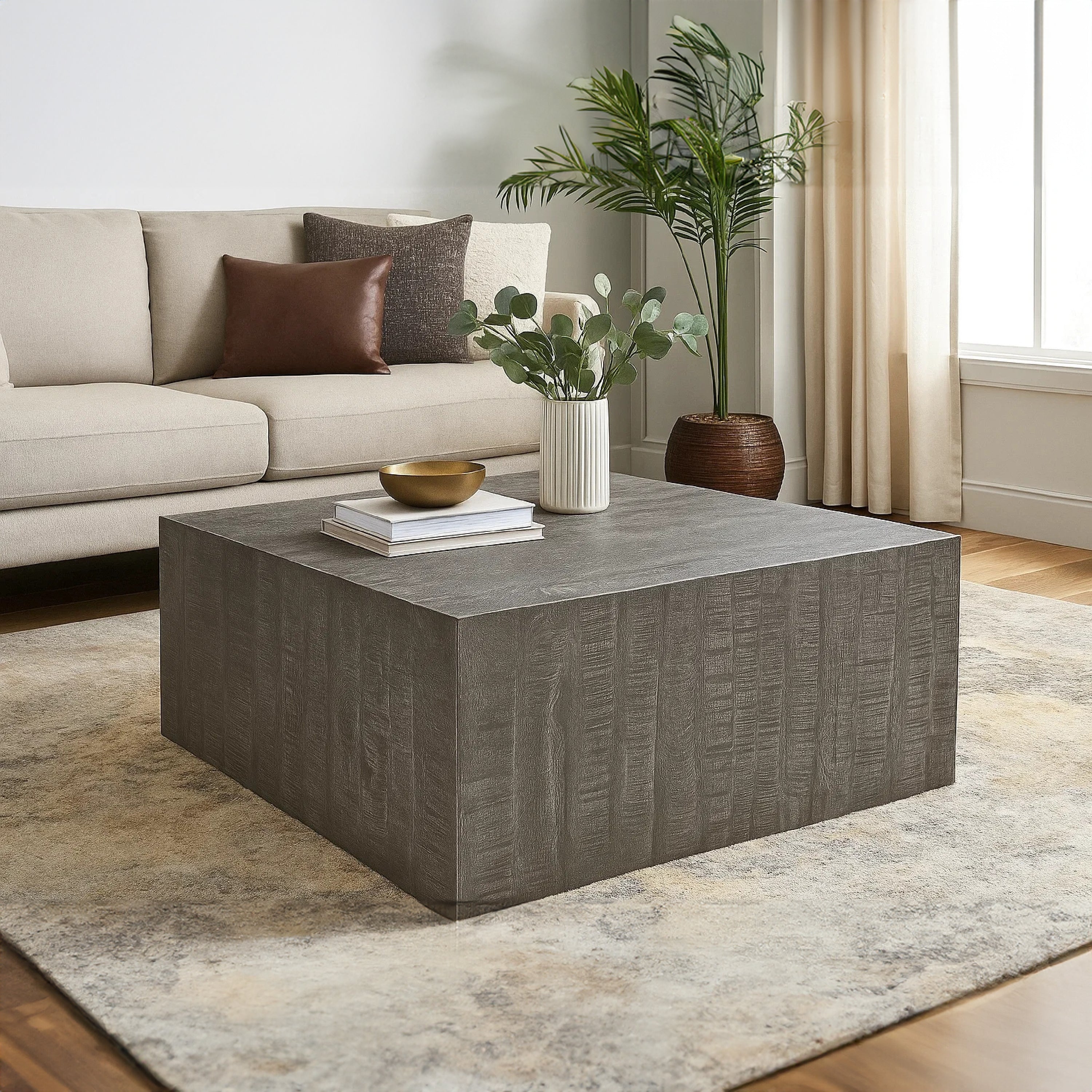 The Urban Port Rydan Coffee Table | 33 Inch Square Block Top | Sandblasted Gray Mango Wood