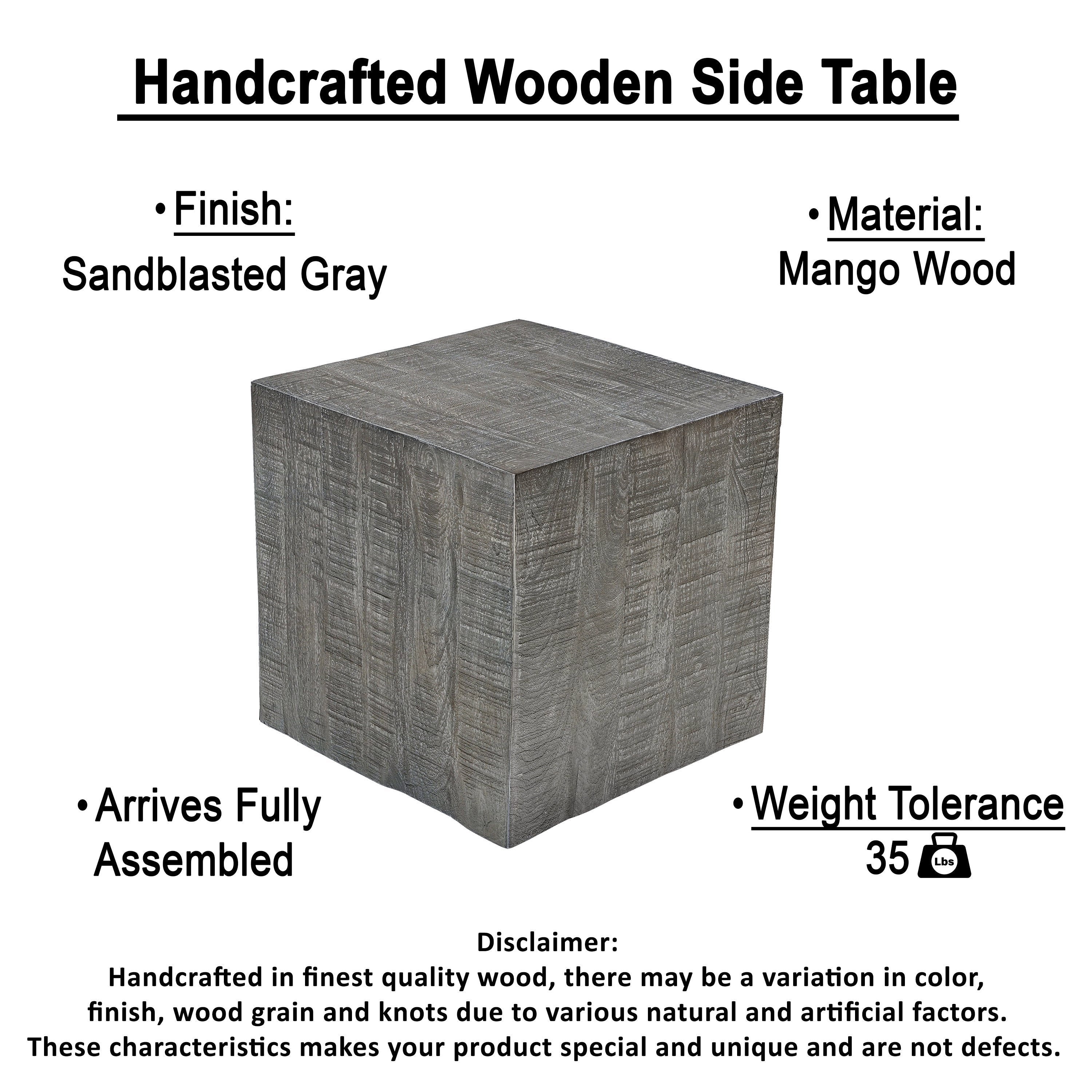 The Urban Port Rydan Side End Table | 19 Inch Square Block Top | Sandblasted Gray Mango Wood