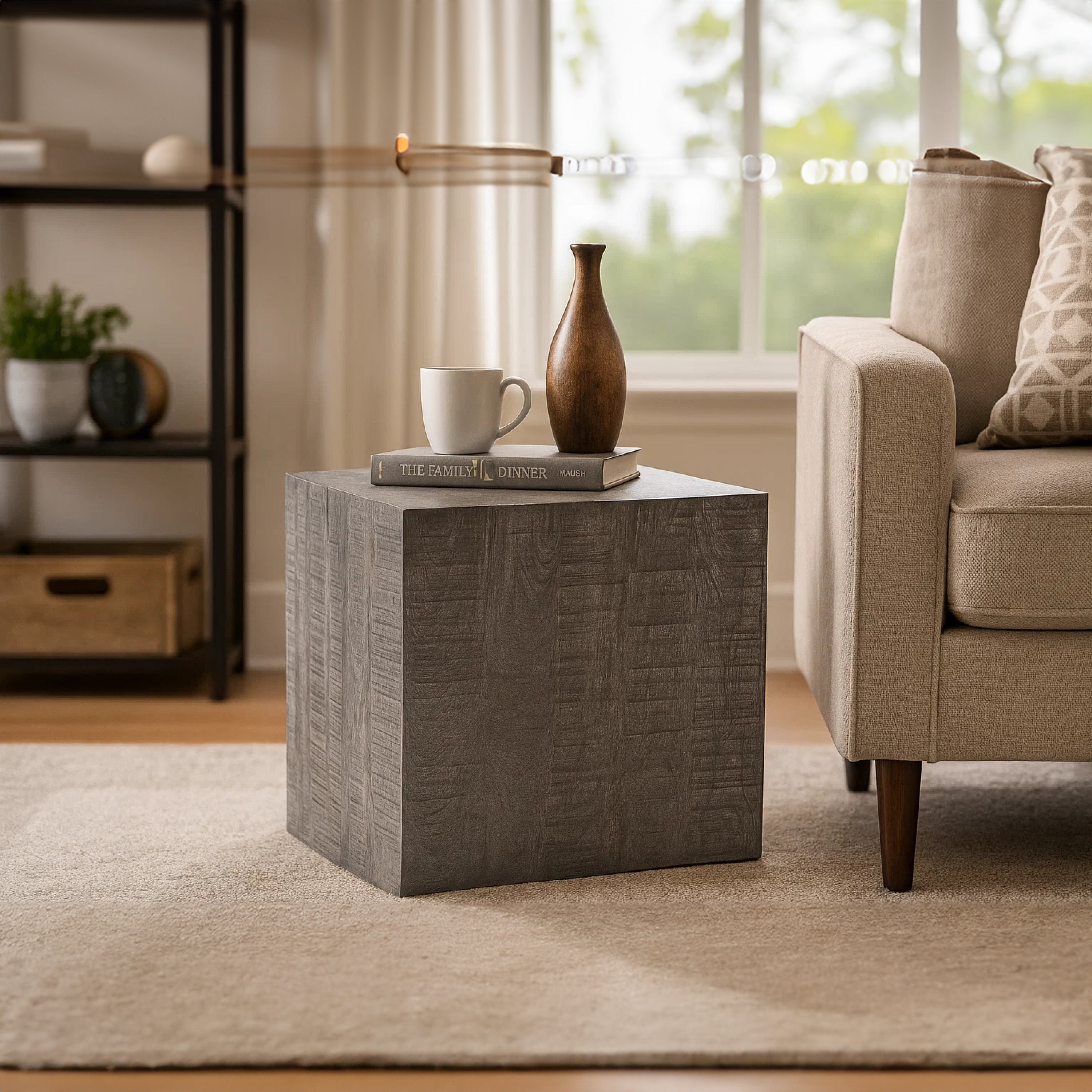 The Urban Port Rydan Side End Table | 19 Inch Square Block Top | Sandblasted Gray Mango Wood