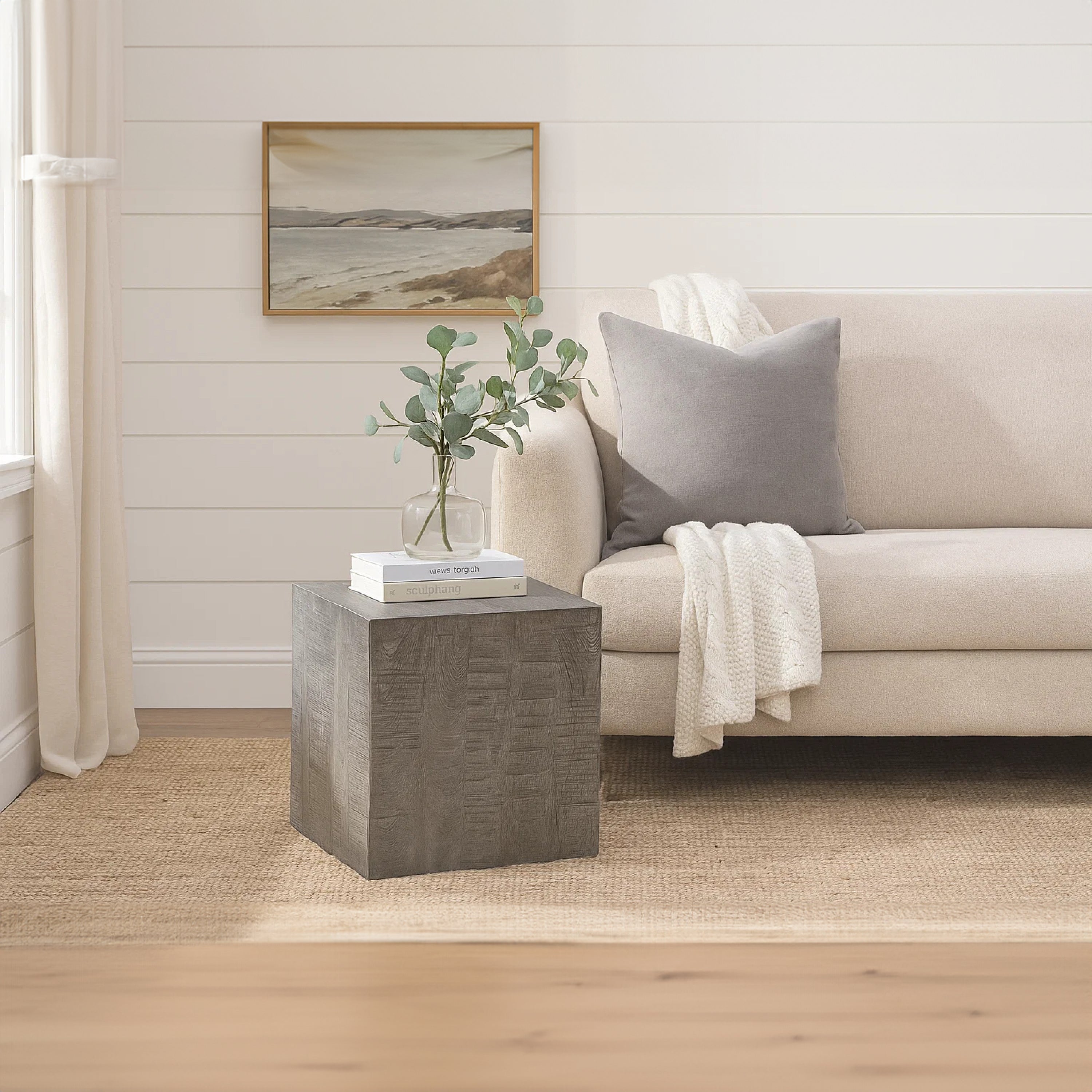 The Urban Port Rydan Side End Table | 19 Inch Square Block Top | Sandblasted Gray Mango Wood