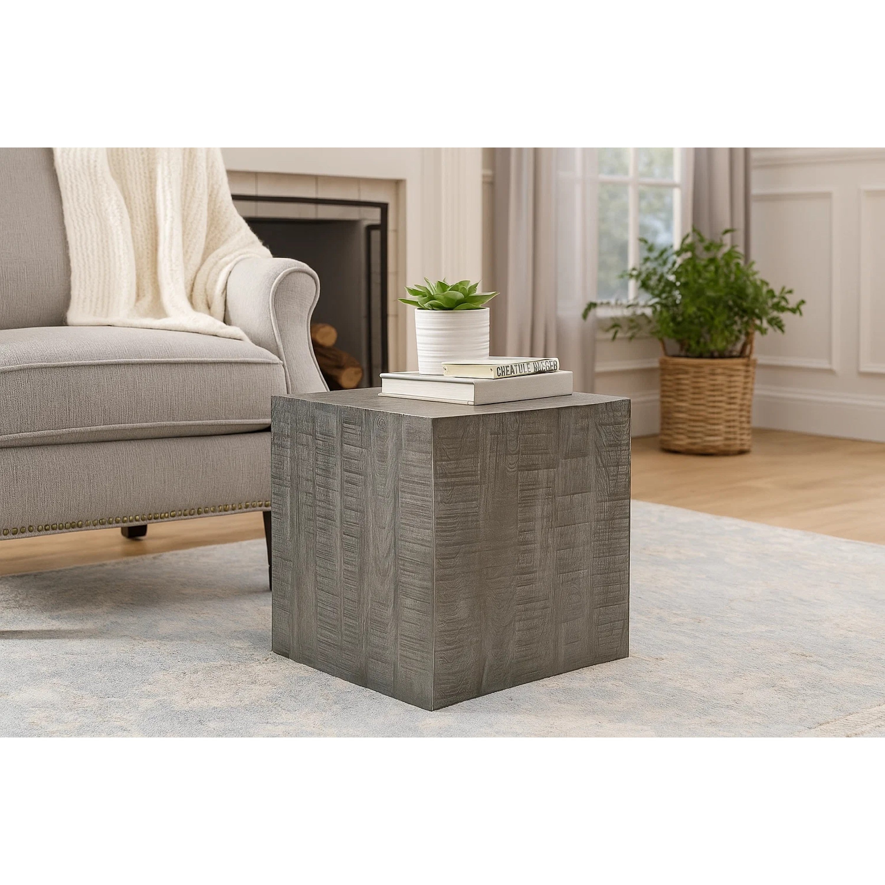 The Urban Port Rydan Side End Table | 19 Inch Square Block Top | Sandblasted Gray Mango Wood