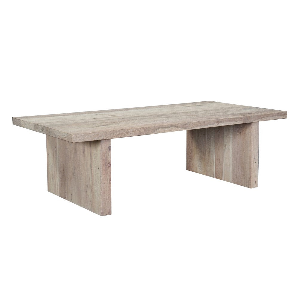 The Urban Port Nira Coffee Table | 48 Inch Rectangular Top | Handcrafted Washed White Acacia Wood | Panel Leg Base