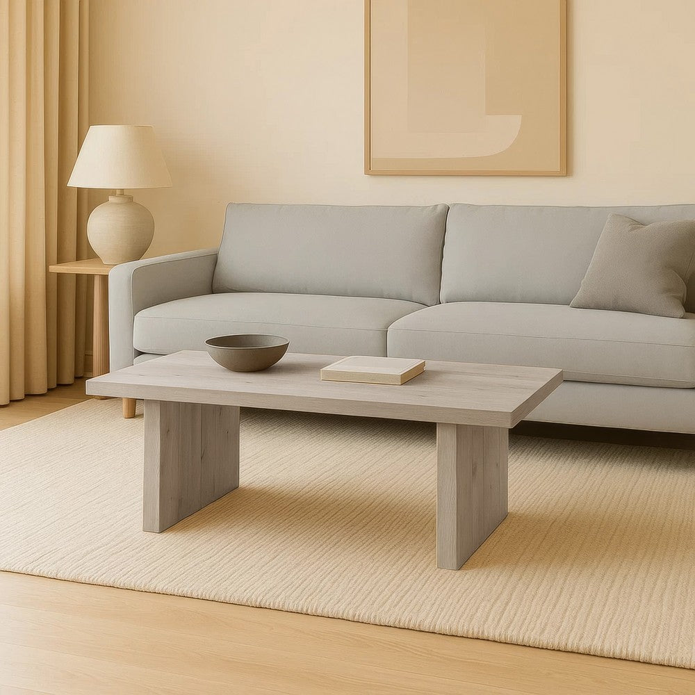 The Urban Port Nira Coffee Table | 48 Inch Rectangular Top | Handcrafted Washed White Acacia Wood | Panel Leg Base