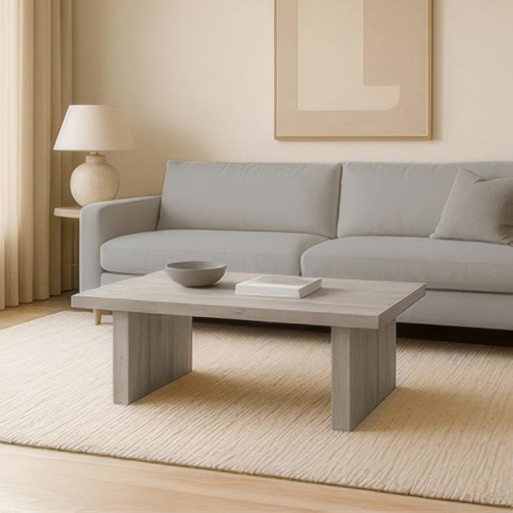 The Urban Port Nira Coffee Table | 48 Inch Rectangular Top | Handcrafted Washed White Acacia Wood | Panel Leg Base
