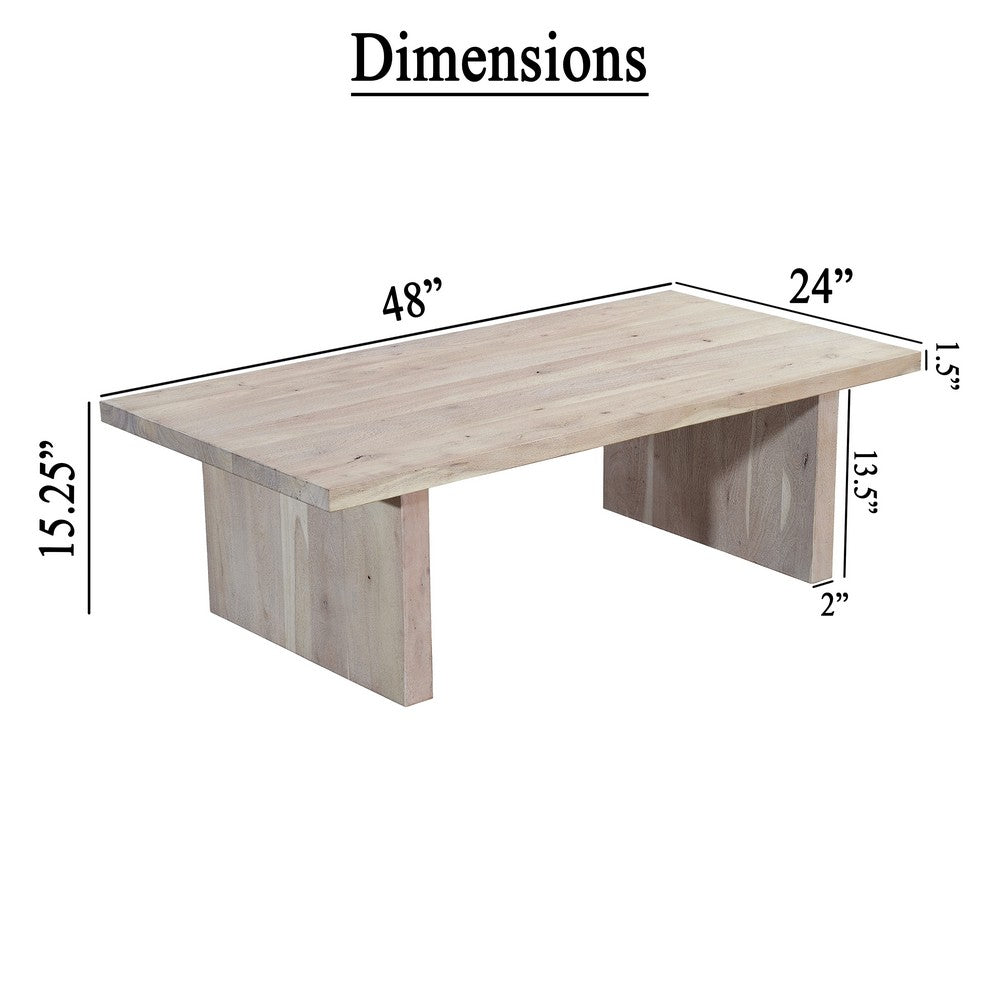 The Urban Port Nira Coffee Table | 48 Inch Rectangular Top | Handcrafted Washed White Acacia Wood | Panel Leg Base