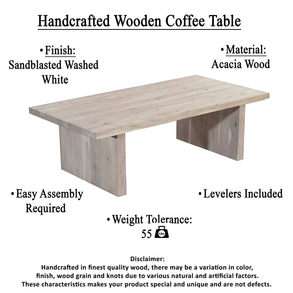 The Urban Port Nira Coffee Table | 48 Inch Rectangular Top | Handcrafted Washed White Acacia Wood | Panel Leg Base