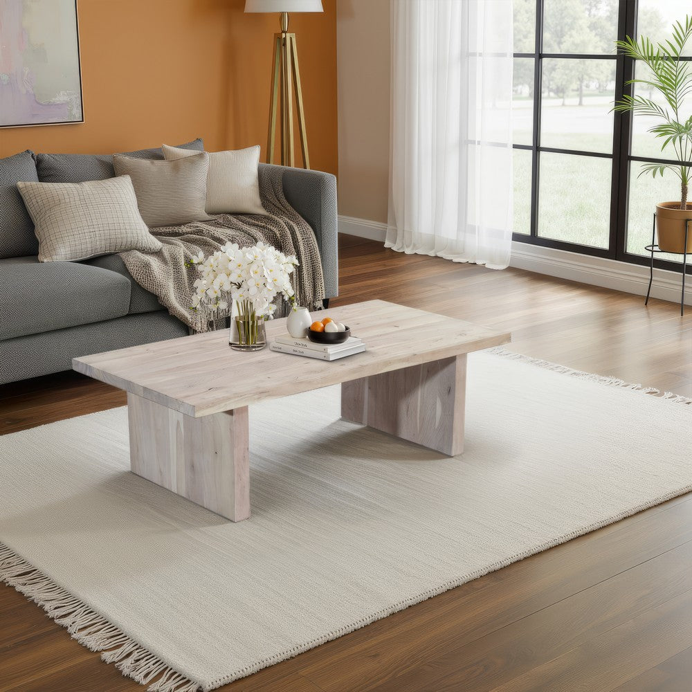 The Urban Port Nira Coffee Table | 48 Inch Rectangular Top | Handcrafted Washed White Acacia Wood | Panel Leg Base