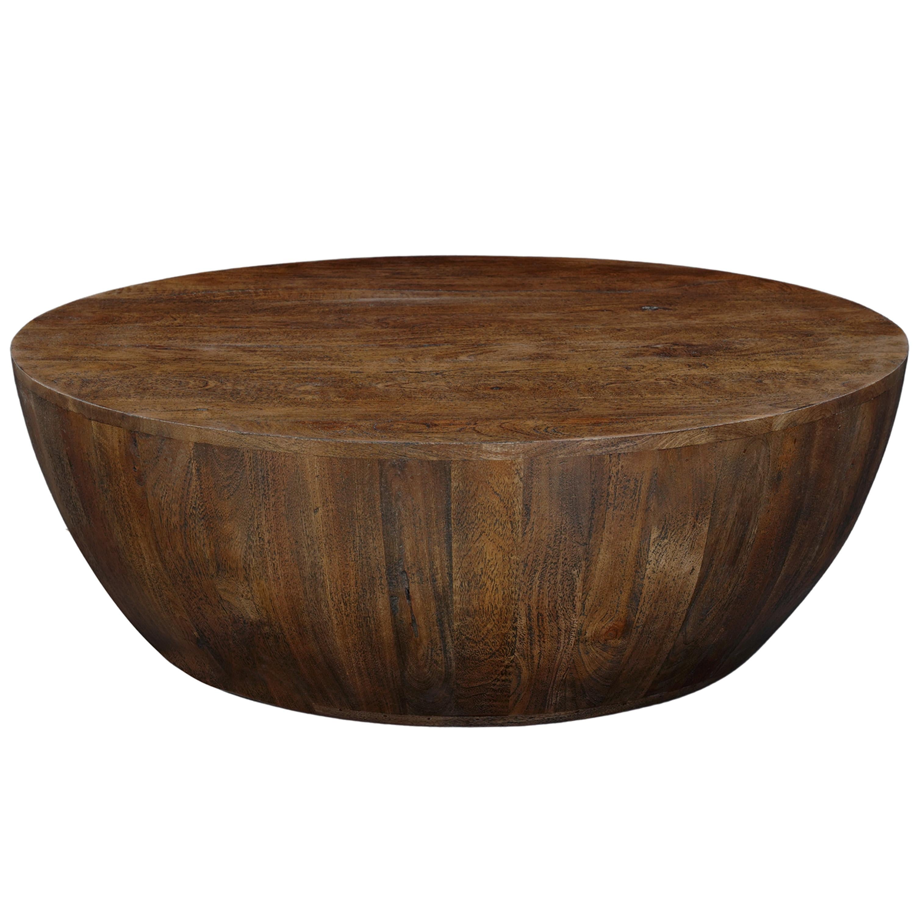 The Urban Port Arthur Coffee Table | 35.5" Round Top | Drum Shaped Sandblasted Walnut Brown Mango Wood