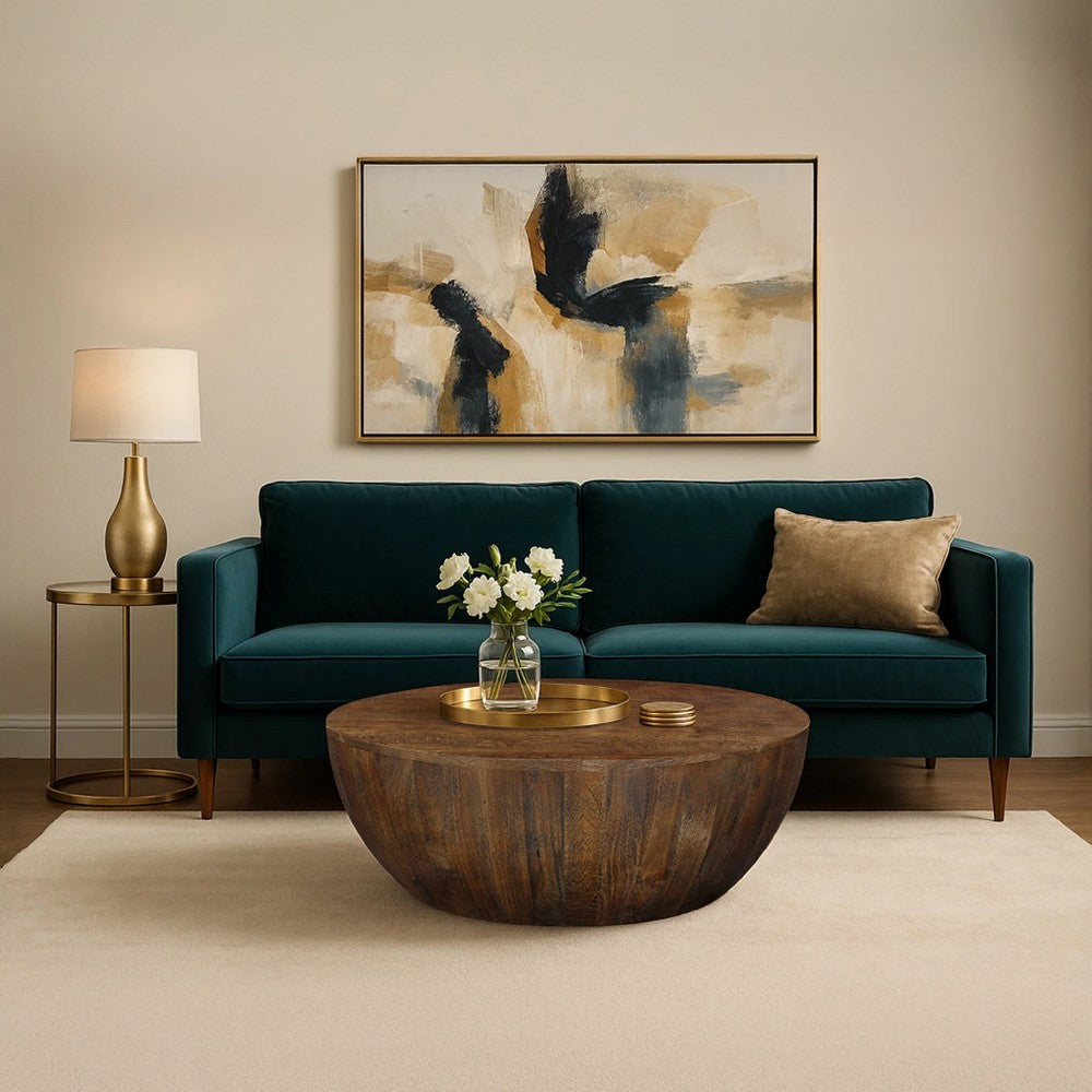 The Urban Port Arthur Coffee Table | 35.5" Round Top | Drum Shaped Sandblasted Walnut Brown Mango Wood