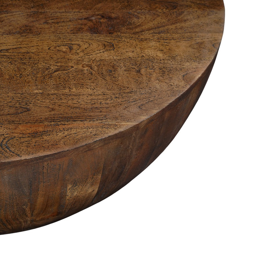 The Urban Port Arthur Coffee Table | 35.5" Round Top | Drum Shaped Sandblasted Walnut Brown Mango Wood