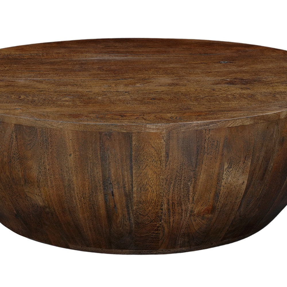 The Urban Port Arthur Coffee Table | 35.5" Round Top | Drum Shaped Sandblasted Walnut Brown Mango Wood