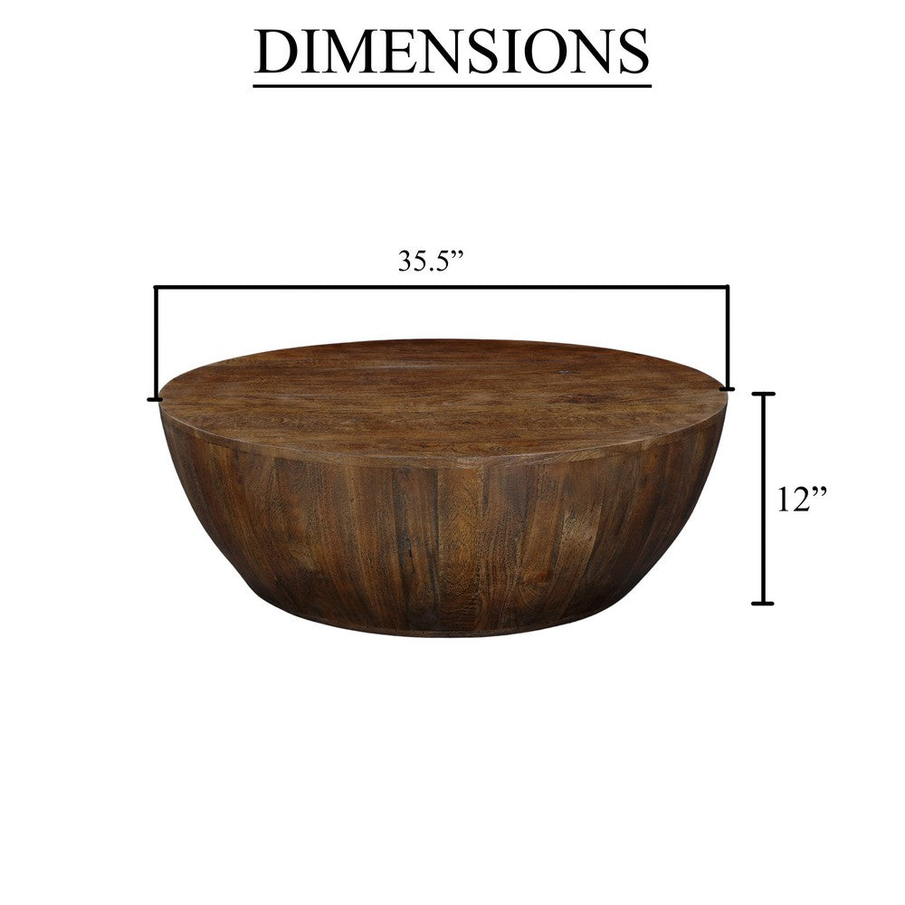 The Urban Port Arthur Coffee Table | 35.5" Round Top | Drum Shaped Sandblasted Walnut Brown Mango Wood