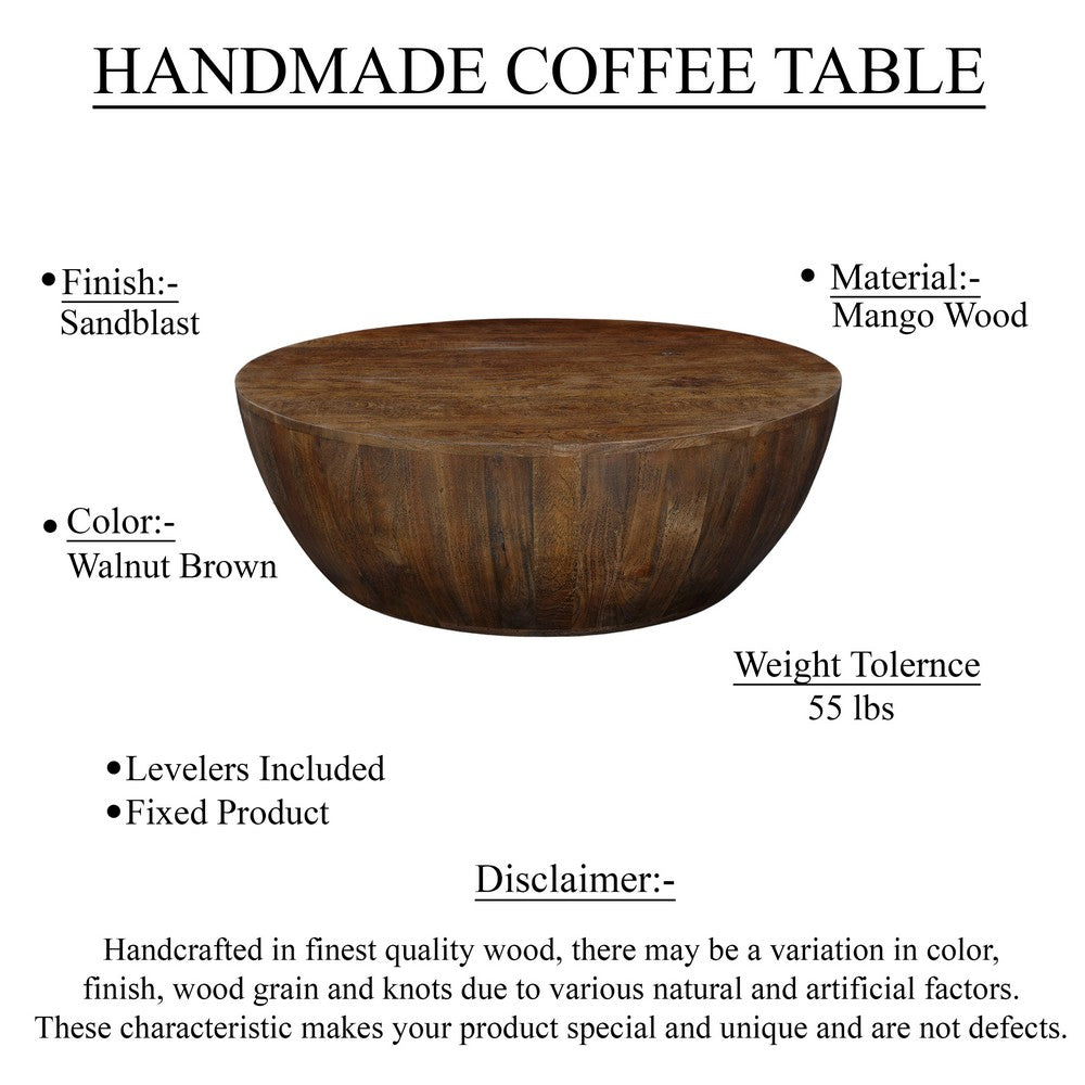 The Urban Port Arthur Coffee Table | 35.5" Round Top | Drum Shaped Sandblasted Walnut Brown Mango Wood