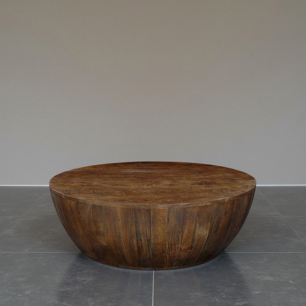 The Urban Port Arthur Coffee Table | 35.5" Round Top | Drum Shaped Sandblasted Walnut Brown Mango Wood