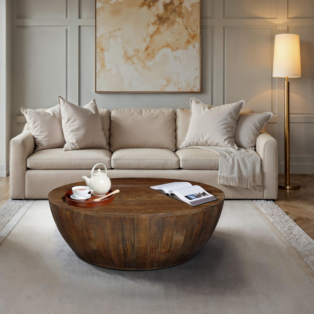 The Urban Port Arthur Coffee Table | 35.5" Round Top | Drum Shaped Sandblasted Walnut Brown Mango Wood