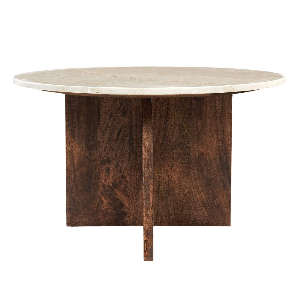 The Urban Port Kali Coffee Table | 27" Natural Round Marble Tabletop | Dark Brown Mango Wood Sculptural Base