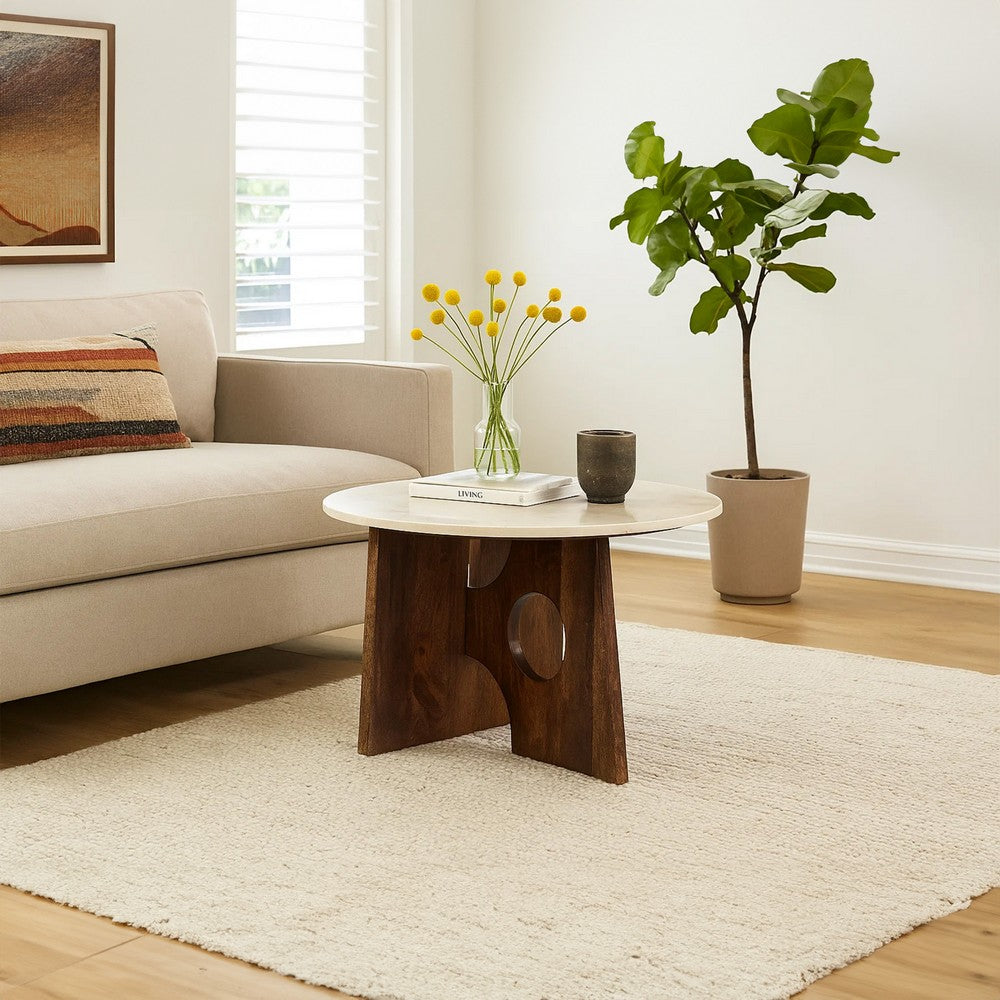 The Urban Port Kali Coffee Table | 27" Natural Round Marble Tabletop | Dark Brown Mango Wood Sculptural Base