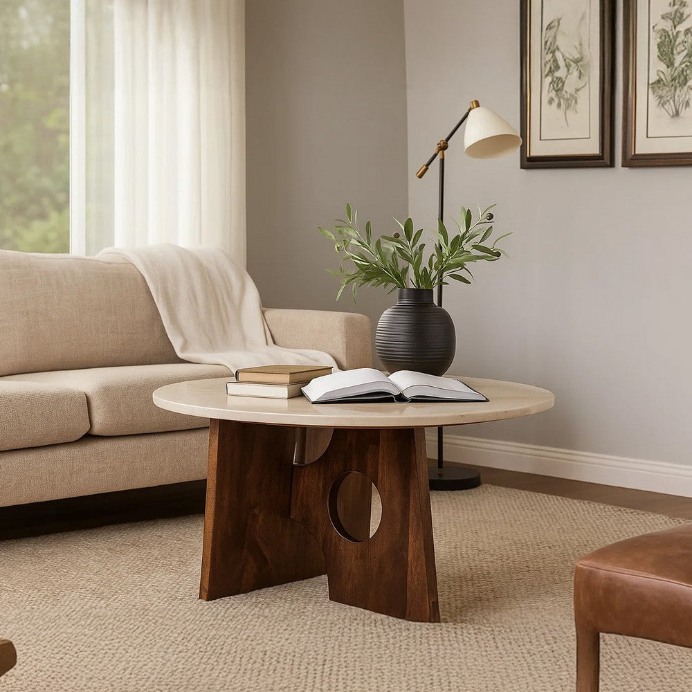 The Urban Port Kali Coffee Table | 27" Natural Round Marble Tabletop | Dark Brown Mango Wood Sculptural Base