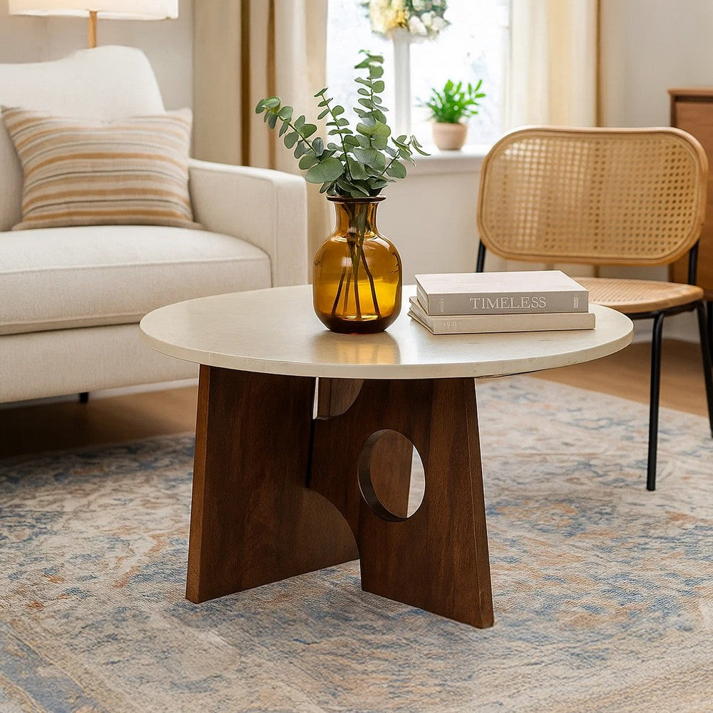 The Urban Port Kali Coffee Table | 27" Natural Round Marble Tabletop | Dark Brown Mango Wood Sculptural Base