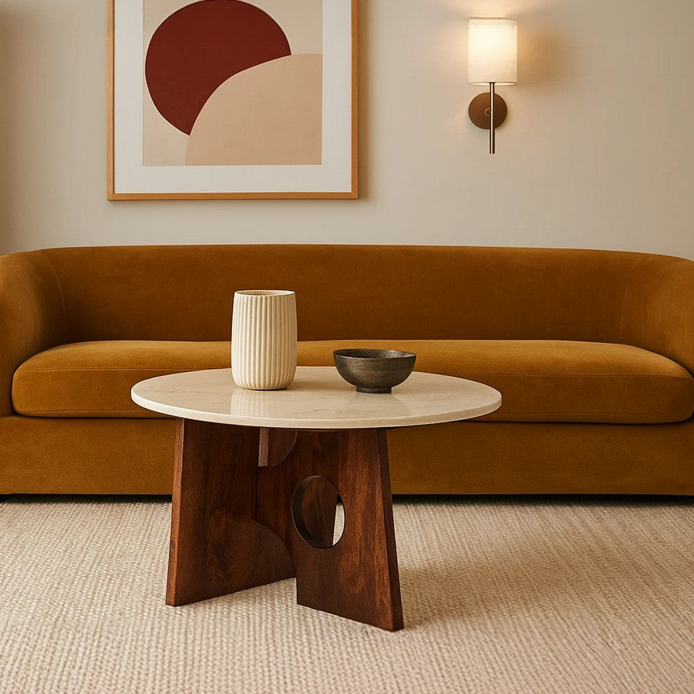 The Urban Port Kali Coffee Table | 27" Natural Round Marble Tabletop | Dark Brown Mango Wood Sculptural Base
