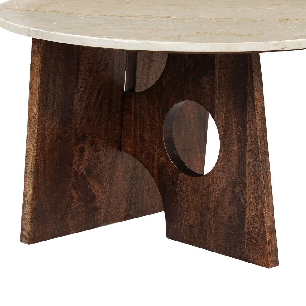 The Urban Port Kali Coffee Table | 27" Natural Round Marble Tabletop | Dark Brown Mango Wood Sculptural Base