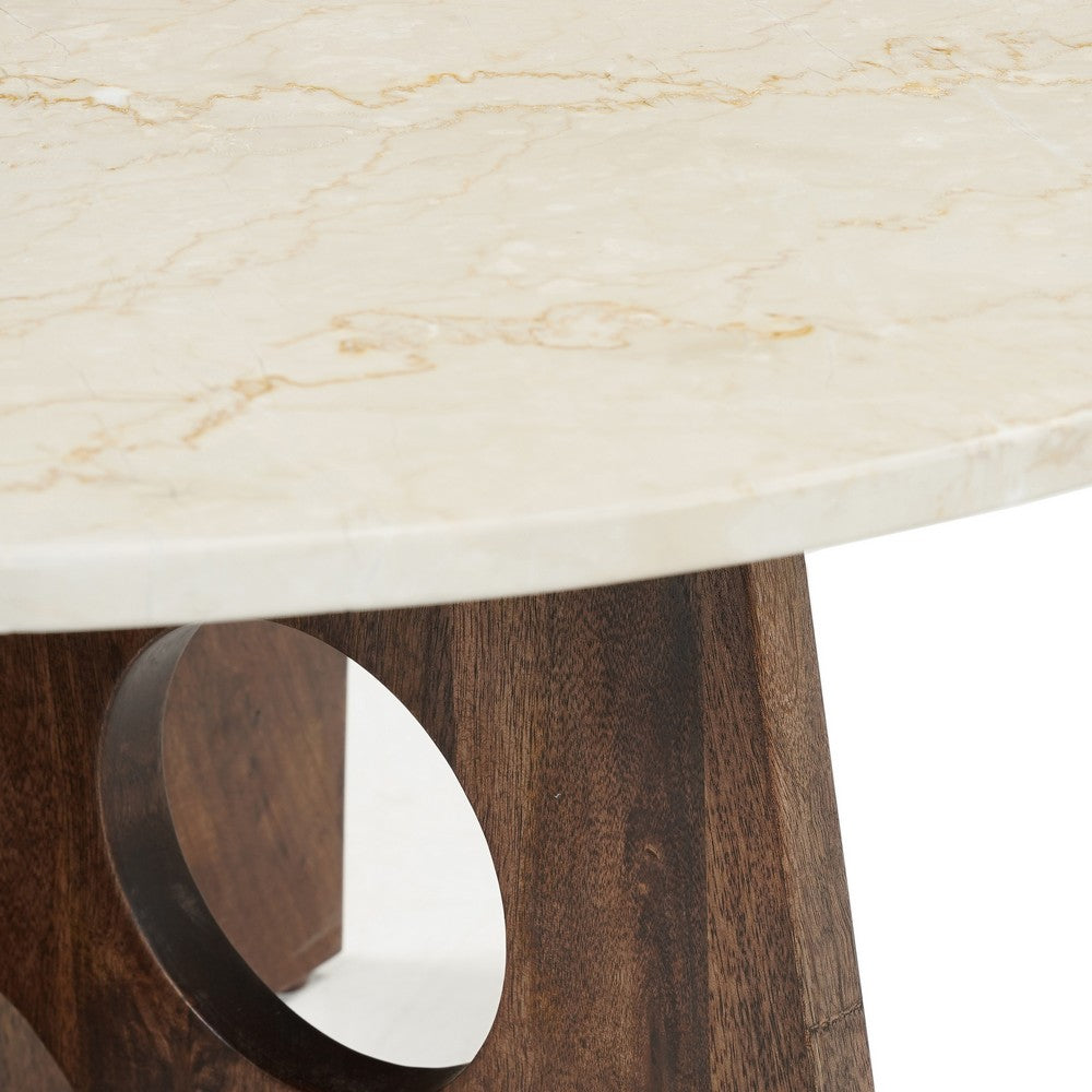 The Urban Port Kali Coffee Table | 27" Natural Round Marble Tabletop | Dark Brown Mango Wood Sculptural Base