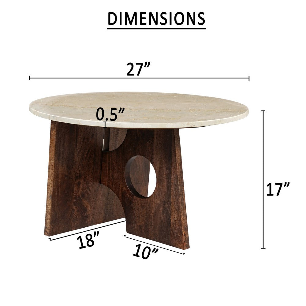 The Urban Port Kali Coffee Table | 27" Natural Round Marble Tabletop | Dark Brown Mango Wood Sculptural Base