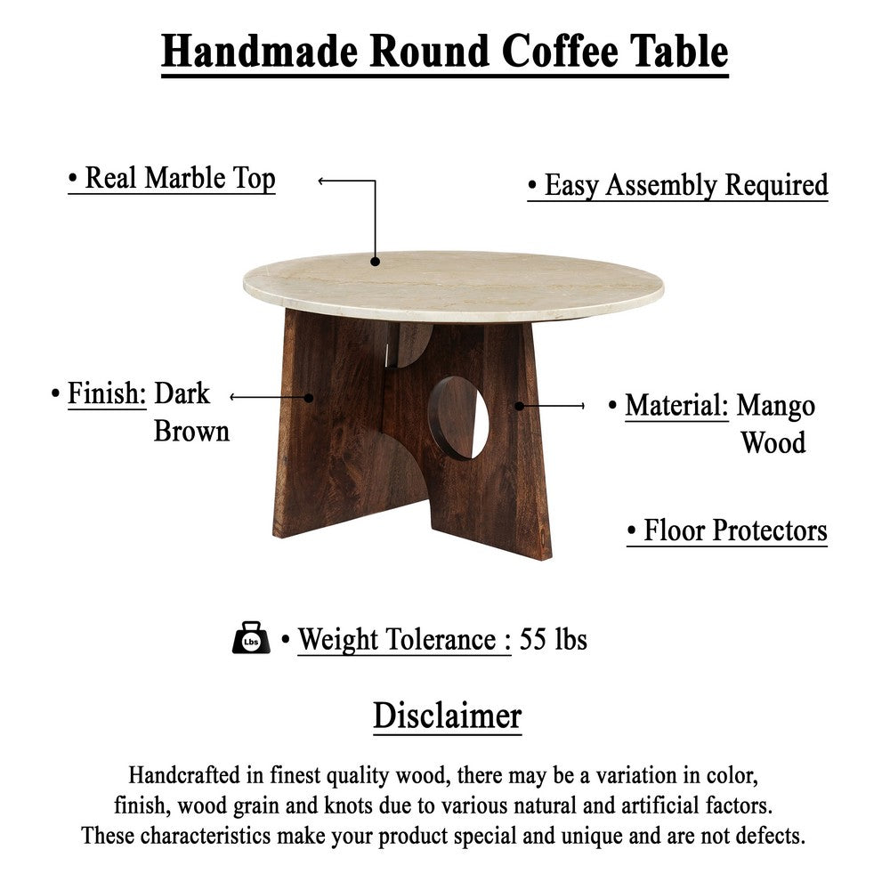 The Urban Port Kali Coffee Table | 27" Natural Round Marble Tabletop | Dark Brown Mango Wood Sculptural Base