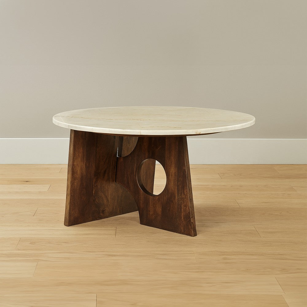 The Urban Port Kali Coffee Table | 27" Natural Round Marble Tabletop | Dark Brown Mango Wood Sculptural Base