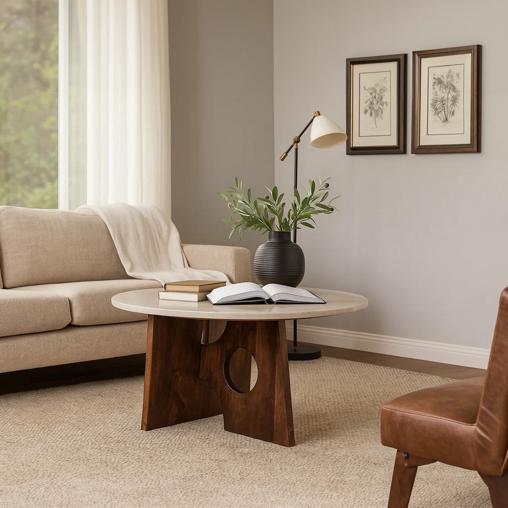 The Urban Port Kali Coffee Table | 27" Natural Round Marble Tabletop | Dark Brown Mango Wood Sculptural Base