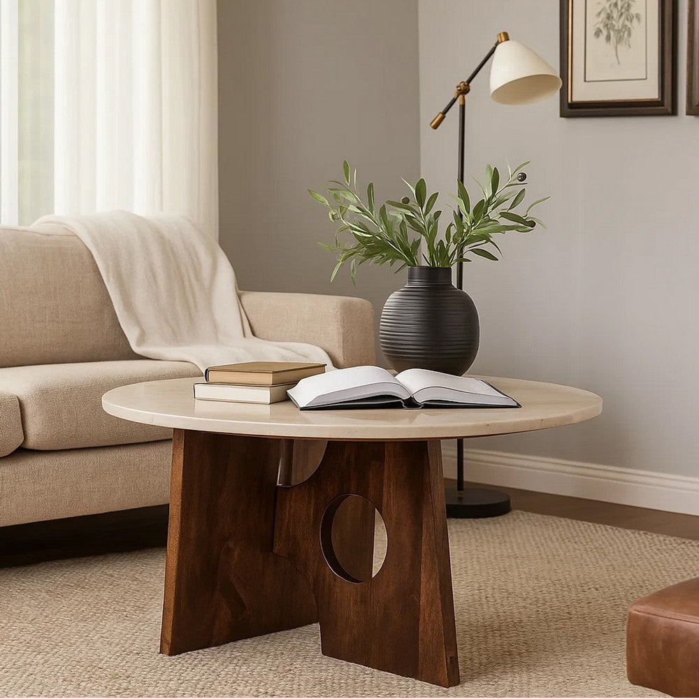 The Urban Port Kali Coffee Table | 27" Natural Round Marble Tabletop | Dark Brown Mango Wood Sculptural Base