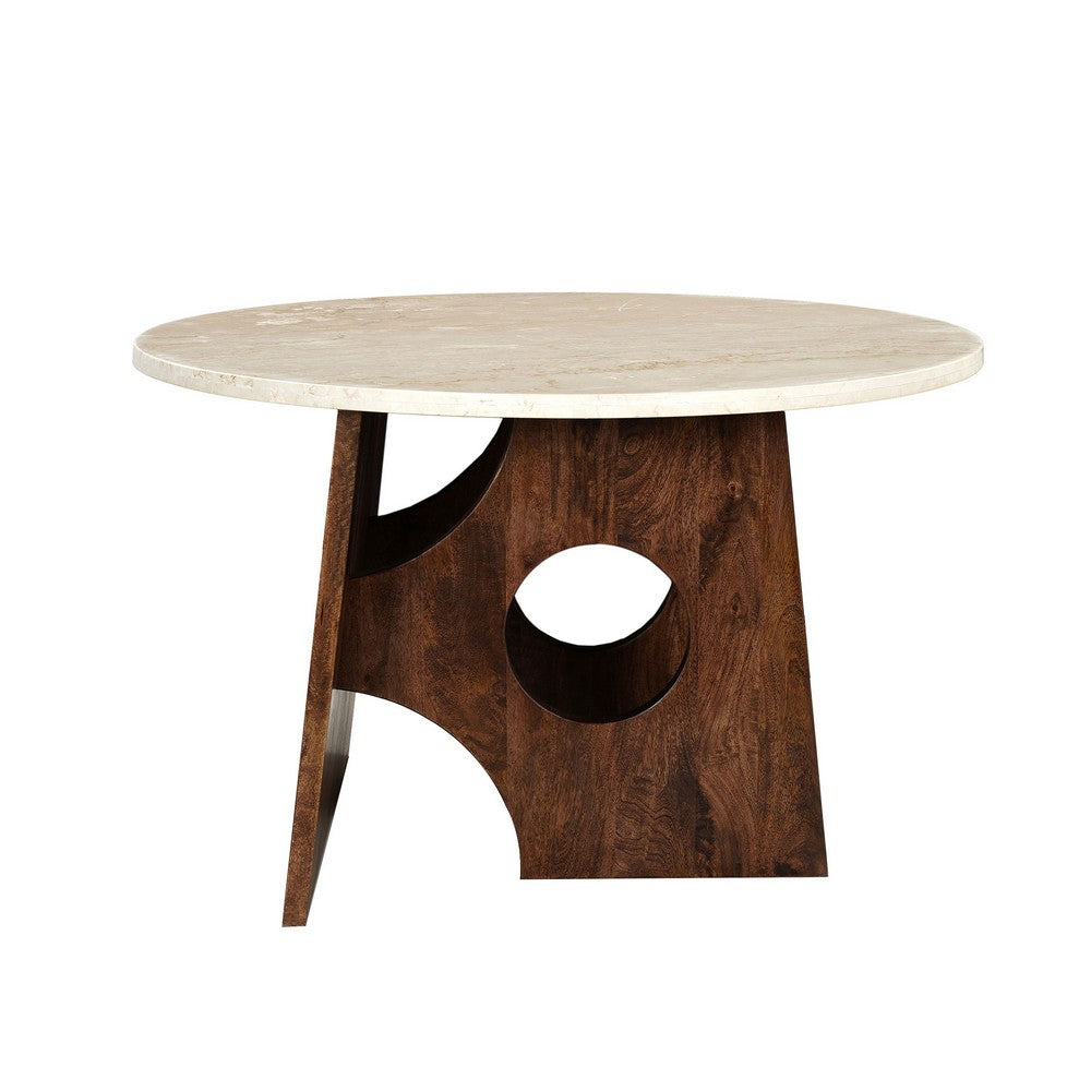 The Urban Port Tara Dining Table | 48 Inch Round Botticino Italian White Marble Top | Walnut Brown Artisan Base