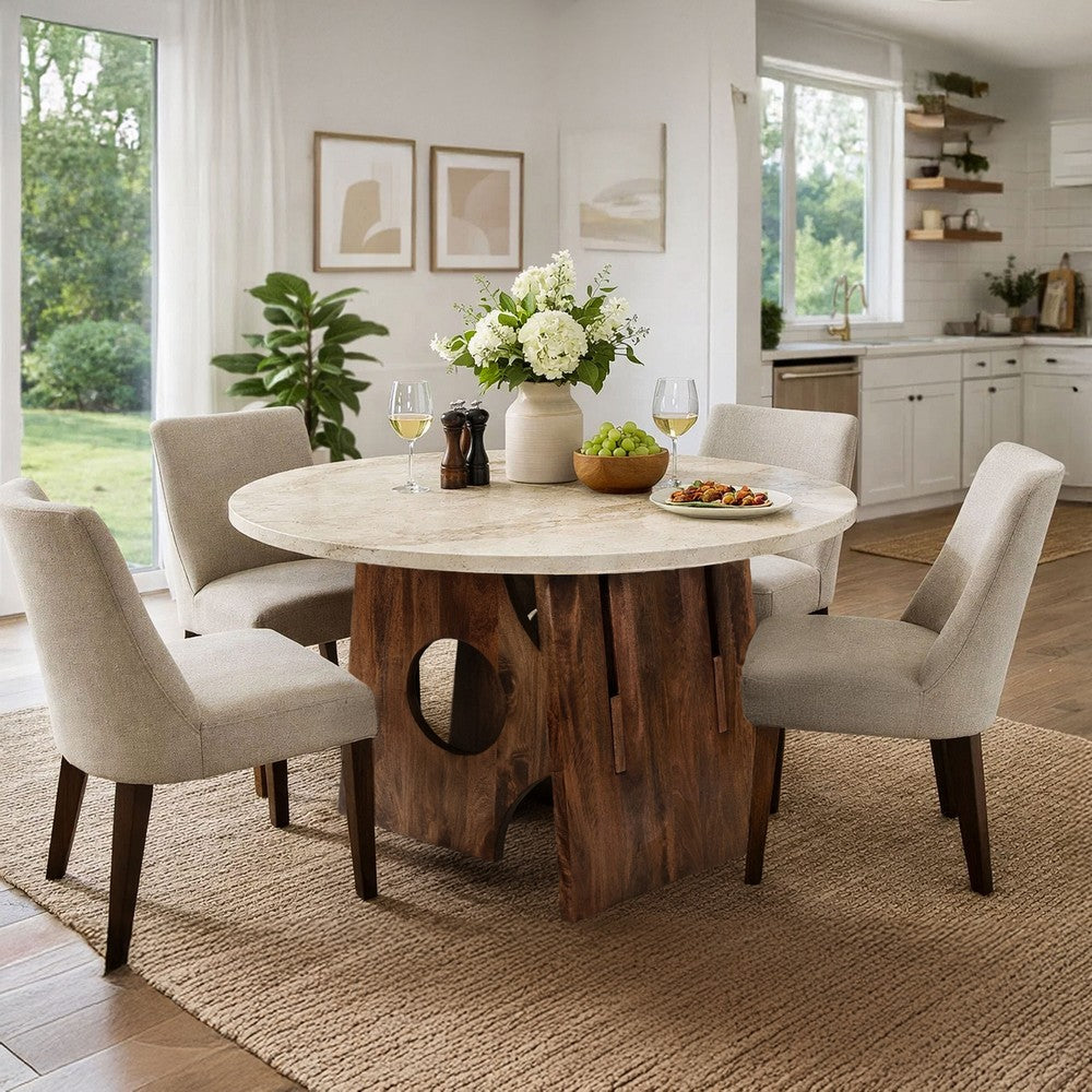 The Urban Port Tara Dining Table | 48 Inch Round Botticino Italian White Marble Top | Walnut Brown Artisan Base